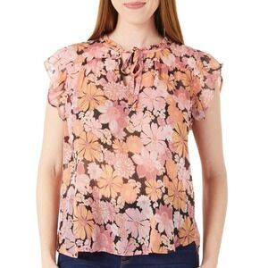 Chenault Womens Pink Floral Relaxed Keyhole Neck‎ Flutter Slv Shirt Size L
